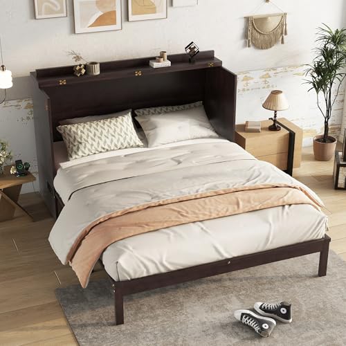 KEIKI Queen Murphy Bed Cabinet with Charging Station & Rattan Design – Space-Saving Wall Bed with Large Storage Drawer