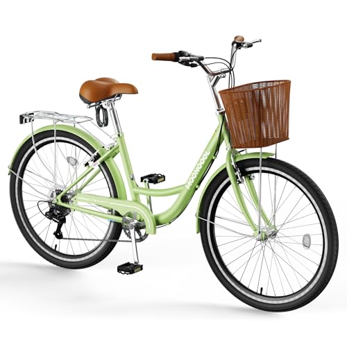 MOONCOOL Womens Bike 7 Speed, 24 26 inch Beach Cruiser Bikes for Women, Step Through Adult Bicycle with Front Basket for City Commuting