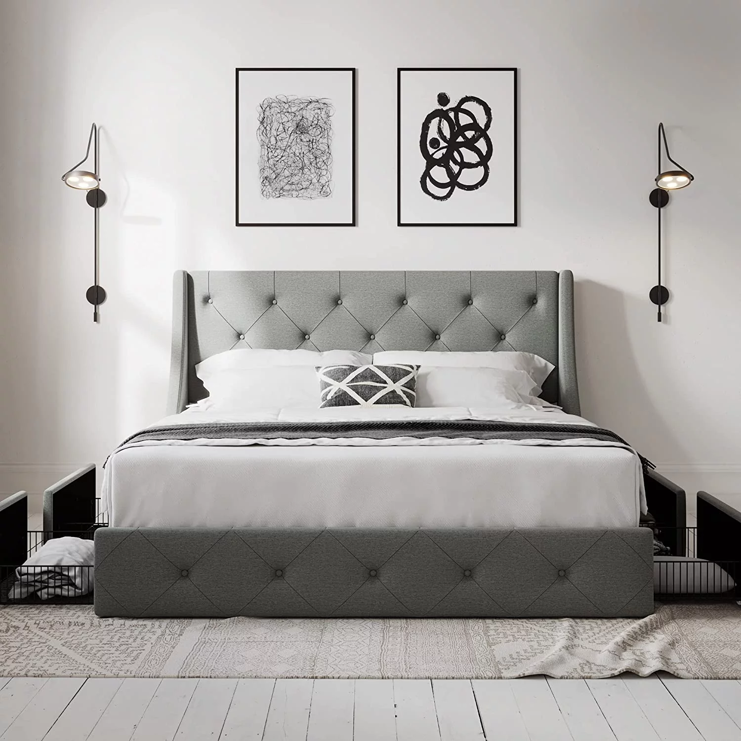 Allewie Queen Size Bed Frame with 4 Storage Drawers and Button Tufted & Wingback Headboard, Dark Grey