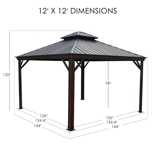 Kozyard Apollo 10’x12’ Hardtop Gazebo, Wooden Coated Aluminum Frame Canopy with Galvanized Steel Double Roof