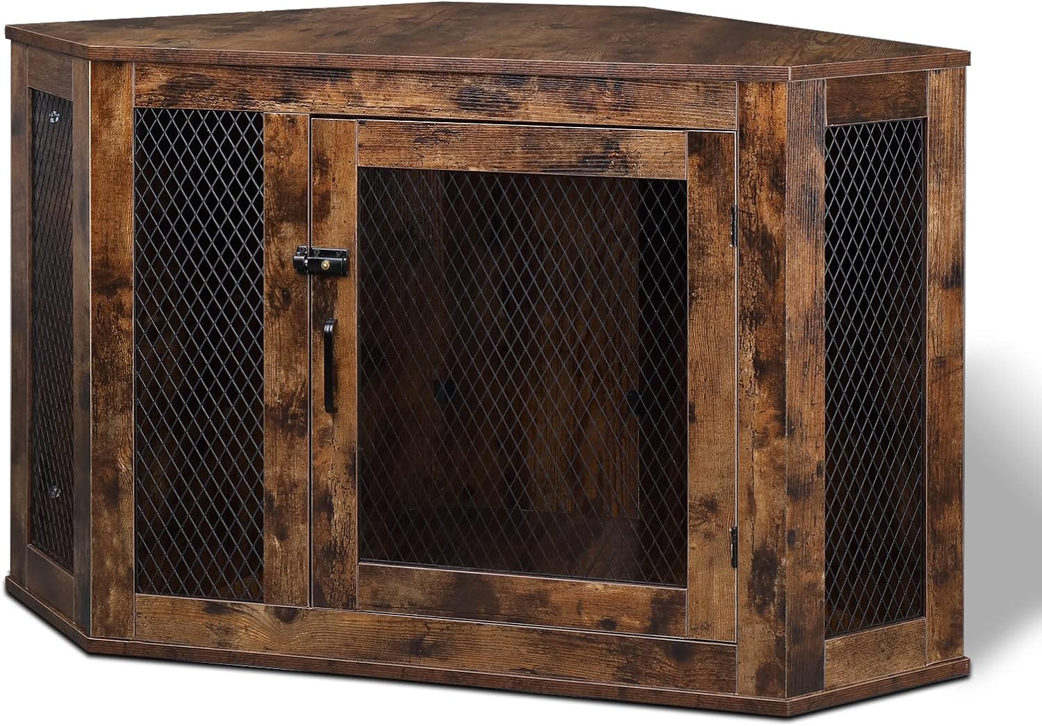 Furniture Corner Dog Crate, Lockable Doors, Dog Kennel with Wood and Mesh, Dog Crate for Small/Medium Dogs, Pet Crate Furniture, Dog House
