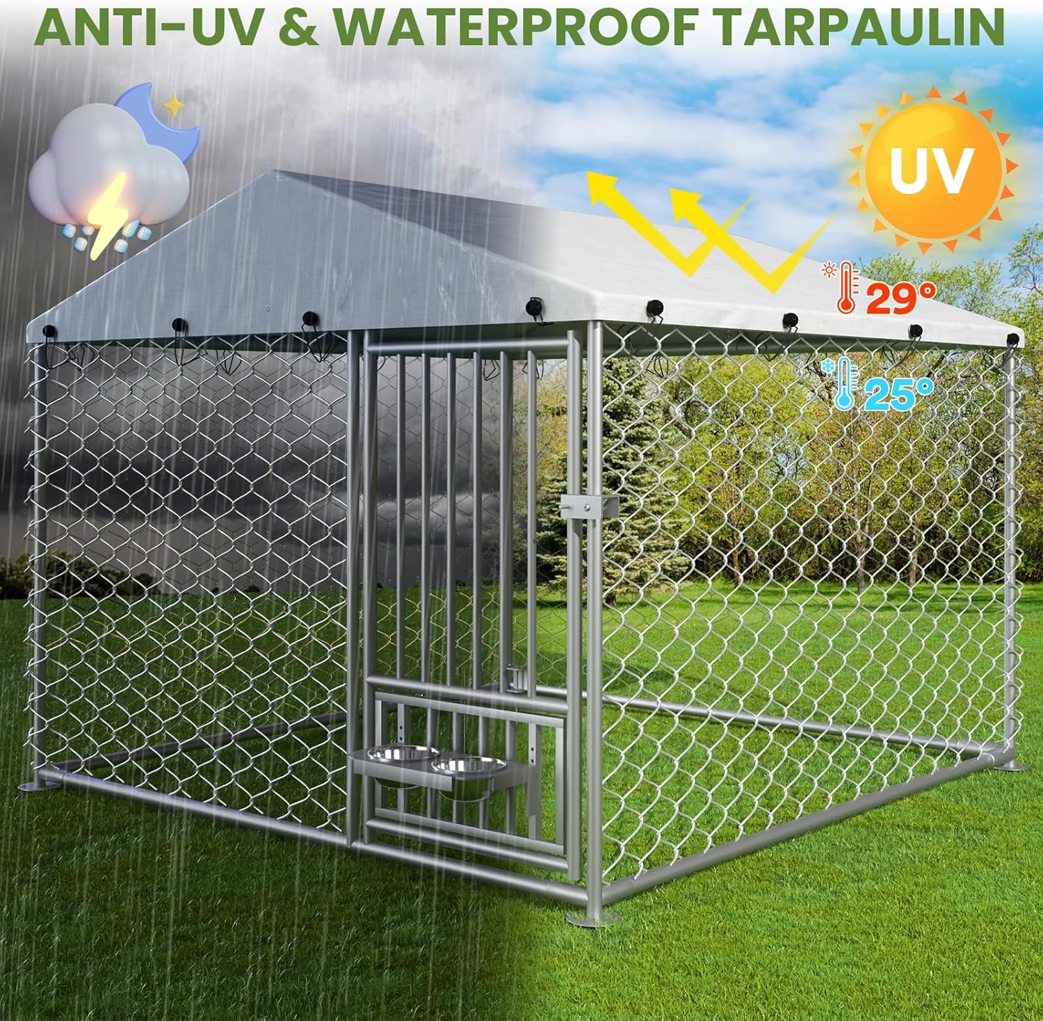 6.7' x 6.7' x 5' Outdoor Dog Kennel with Roof, Outside Dog Kennel with UV-Resistant & Waterproof Cover