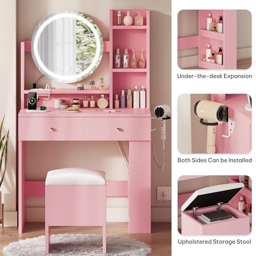 DWVO Vanity Desk with Mirror and Lights, Makeup Vanity Table Set with Power Outlets and Chair, 3 Lighting Colors