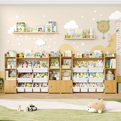 FOTOSOK 55''Large Toy Storage Organizer with 8 Toy Bins, Toy Organizers and Storage with Shelf and 6 Storage Cubbies, Bookshelf for Kids