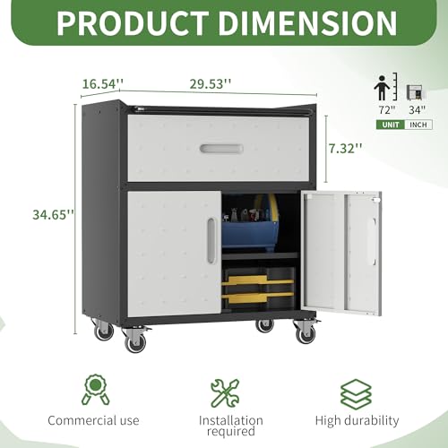 Metal Garage Storage Cabinet with Wheels,Locking Rolling Tool Cabinet with Drawers and Shelves for Home, Office, Garage & Workshop