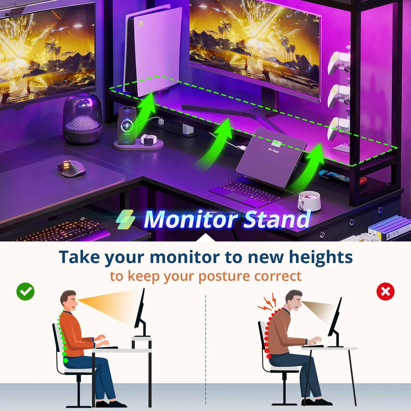 Black 55" Reversible Corner Computer Desk with Storage Shelf,L Shaped Gaming Desk with Power Outlet & Led Strip,Keyboard Tray and Headphone Hook