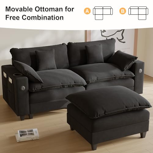 Modular Sectional Sofa, Cloud Couch with Ottoman, Charging Station, Throw Pillows, Cup Holders, Modern Convertible U Shaped Couches for Living Room