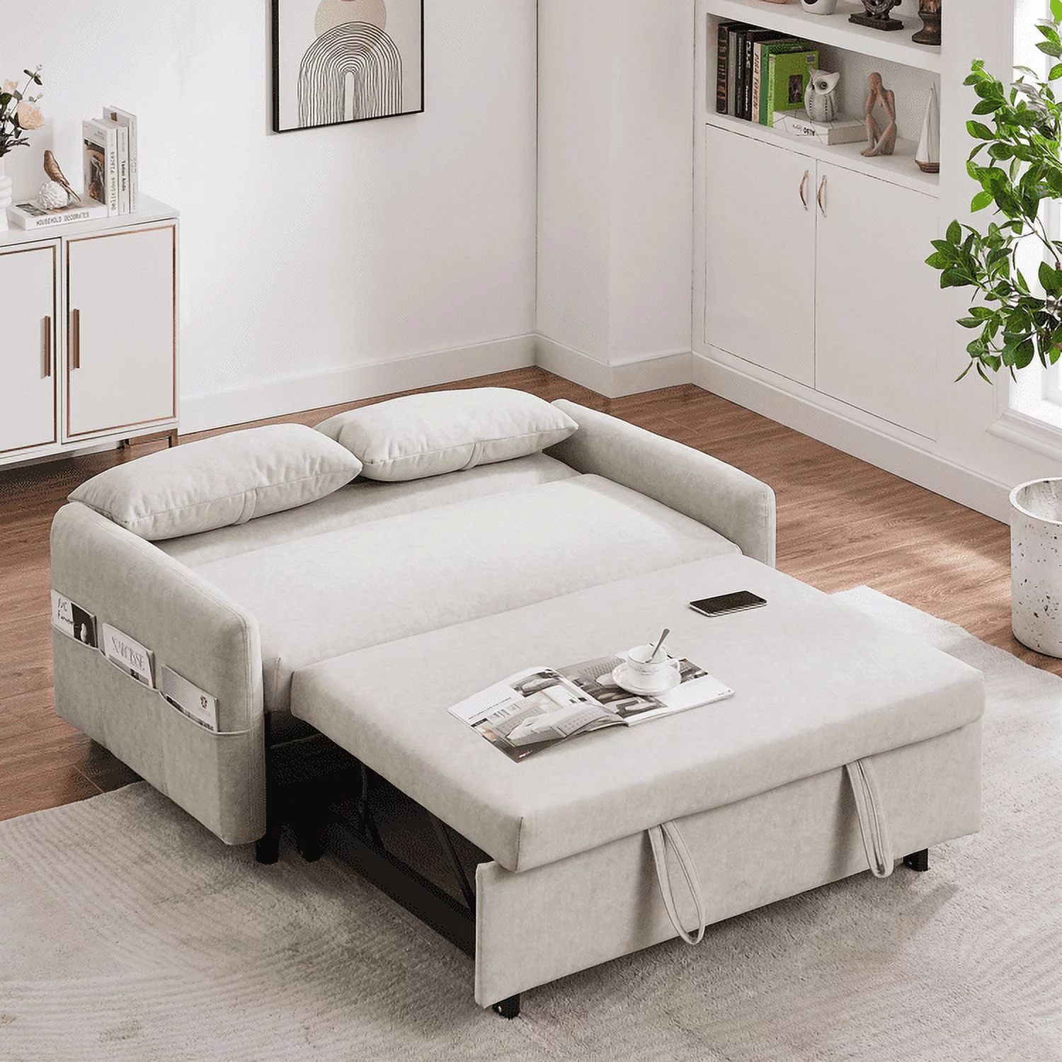 Euroco 55" Loveseat with Pull Out Bed, Sleeper Sofa with Adjustable Backrest, 2 Seater Couch with Pillows, Storage Pockets for Living Room, Beige