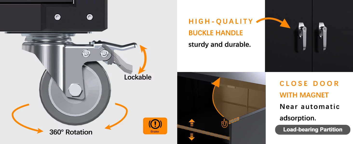 SUPEER 72 Inches Black Metal Storage Cabinet with Wheels and Pegboard, Rolling Storage Garage Cabinet with Adjustable Shelves and Door for Garage