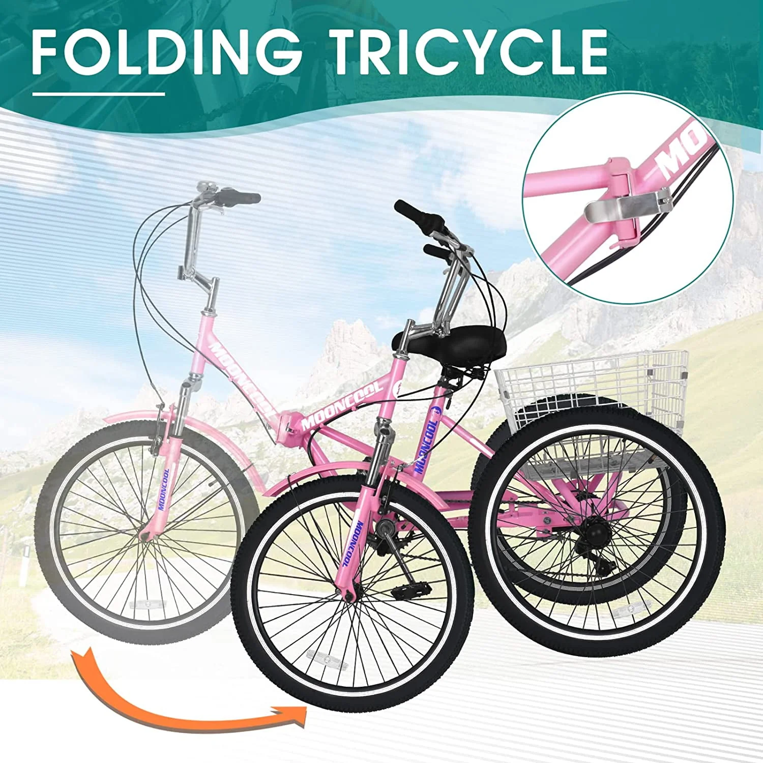 MOONCOOL Adult Folding Tricycle for Adults, 7 Speed 20/24/26 inch 3 Wheels Bikes with Basket, Foldable Tricycle for Adults, Women, Men, Seniors