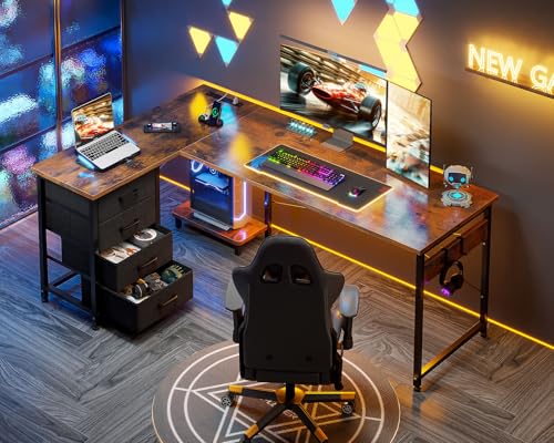 AODK L Shaped Gaming Desk with 4 Drawers, 61" Reversible Home Office Desks with Power Outlets