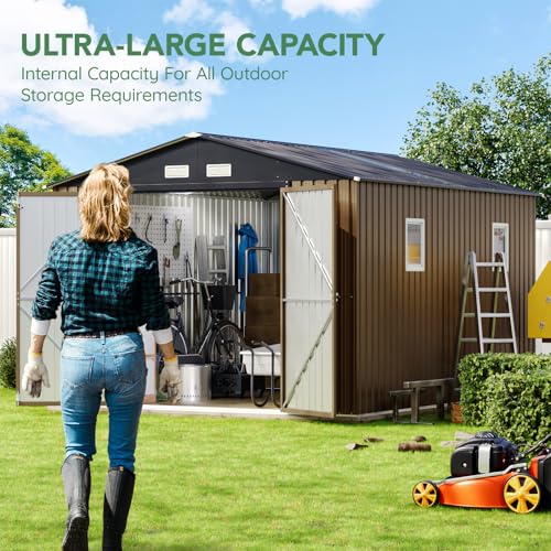 10X12X7.5 FT Outdoor Steel Storage Shed with Lockable Doors, 2 Windows, Transparent Roof Panels (Wood Panels & Frame Floor Not Included)