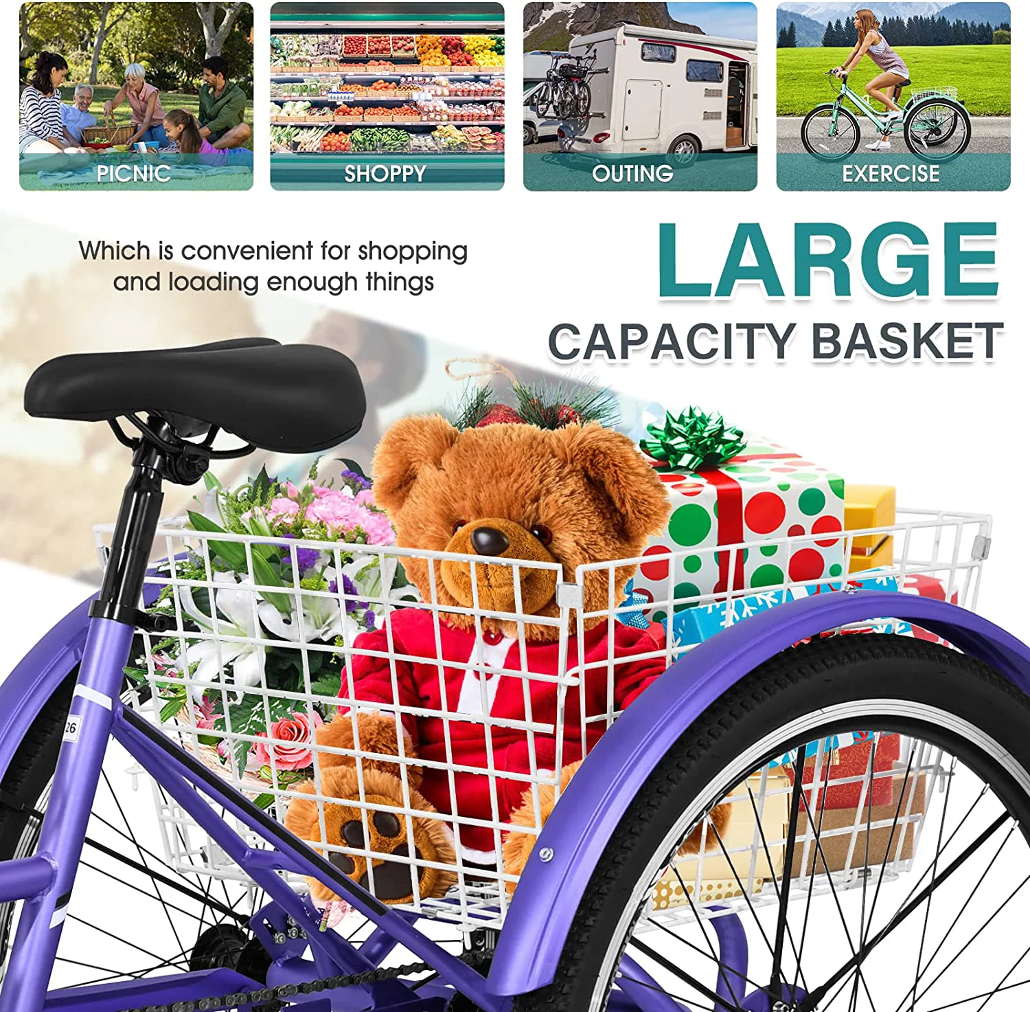 Mooncool Adult Mountain Tricycle, 7 Speed Three Wheel Bike, 24/26/27.5 Inch Adults Trikes for Seniors with Shopping Basket