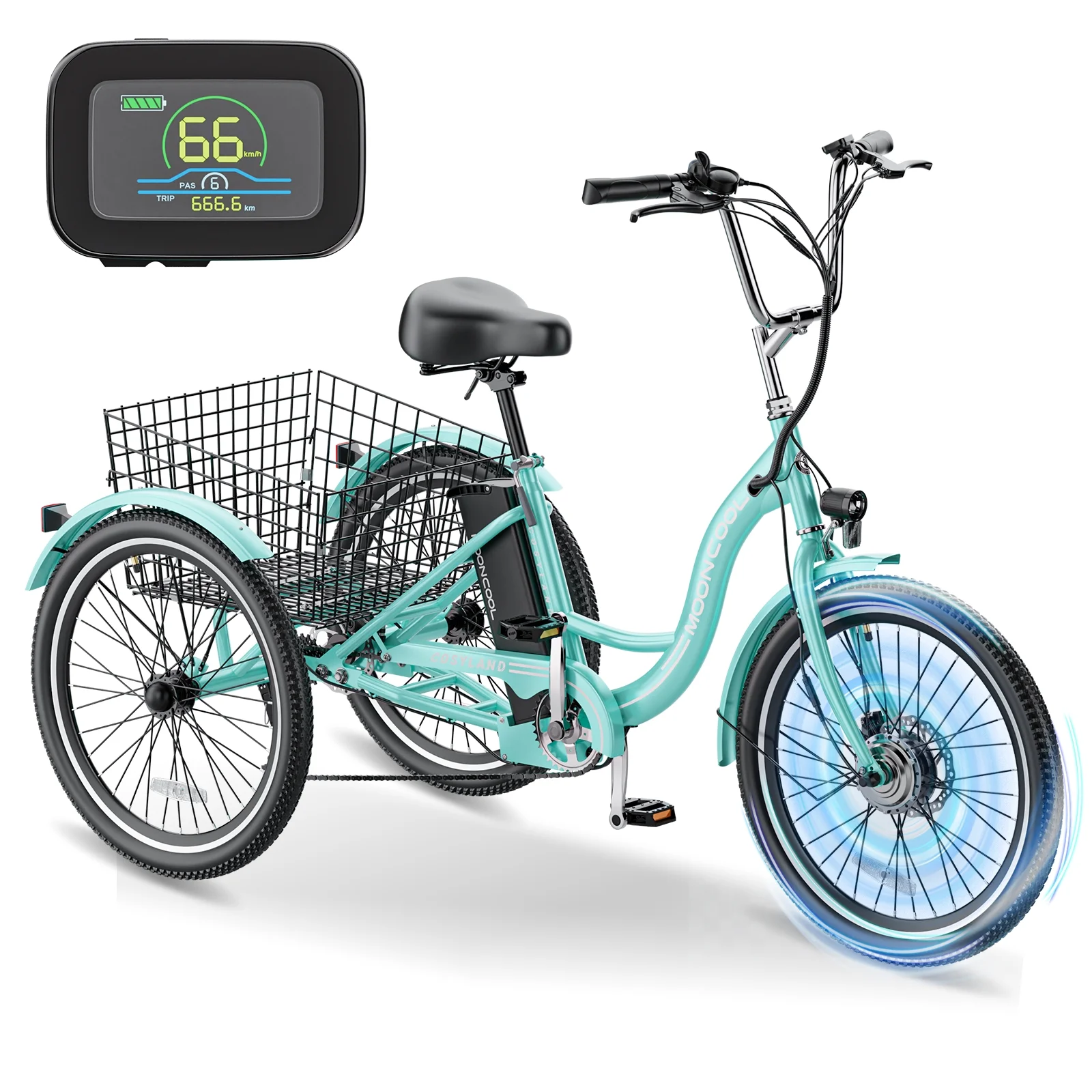 MOONCOOL 350W Motorized Electric Trike, 7 Speed 3 Wheel Electric Bicycle with 36V 14.5Ah Lithium Battery UL Certified