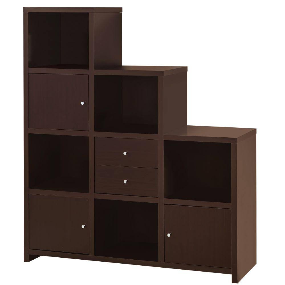 Contemporary Bookcase with Stair Like Design Brown