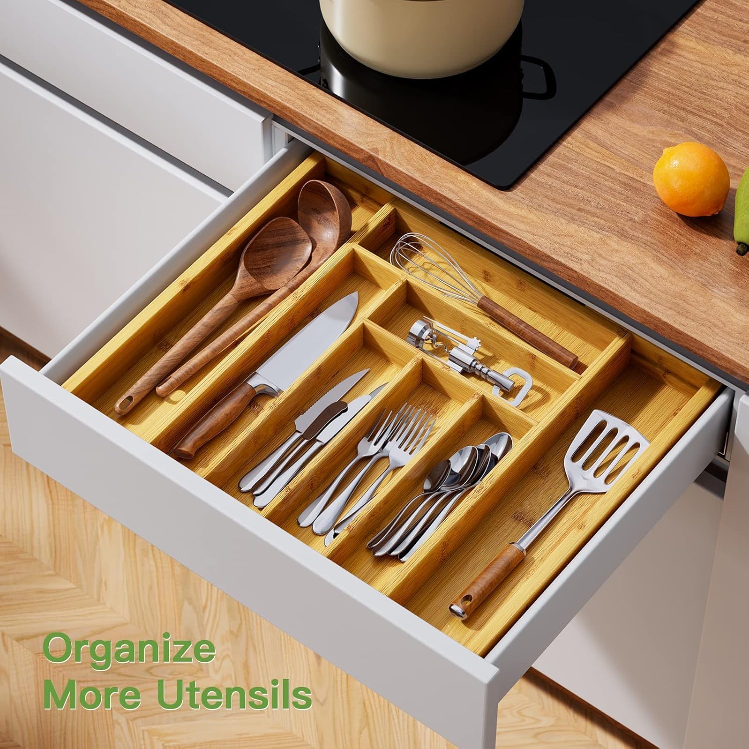 Pipishell Bamboo Expandable Silverware Drawer Organizer, Adjustable Kitchen Utensil Tray for Forks, Spoons and Knives