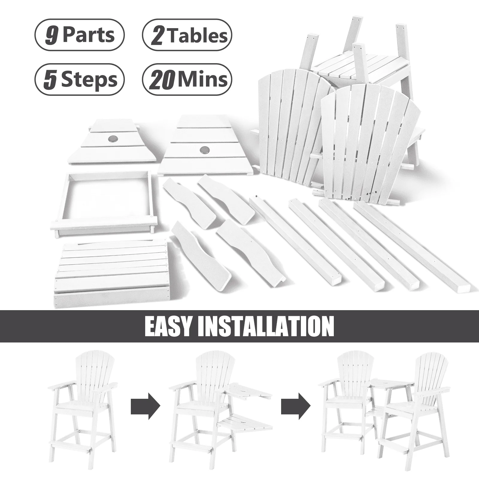 Tall Adirondack Chairs Set of 2 .Outdoor Adirondack Barstools with Double Connecting Tray Patio Stools Weather Resistant for Outdoor Deck Lawn Pool