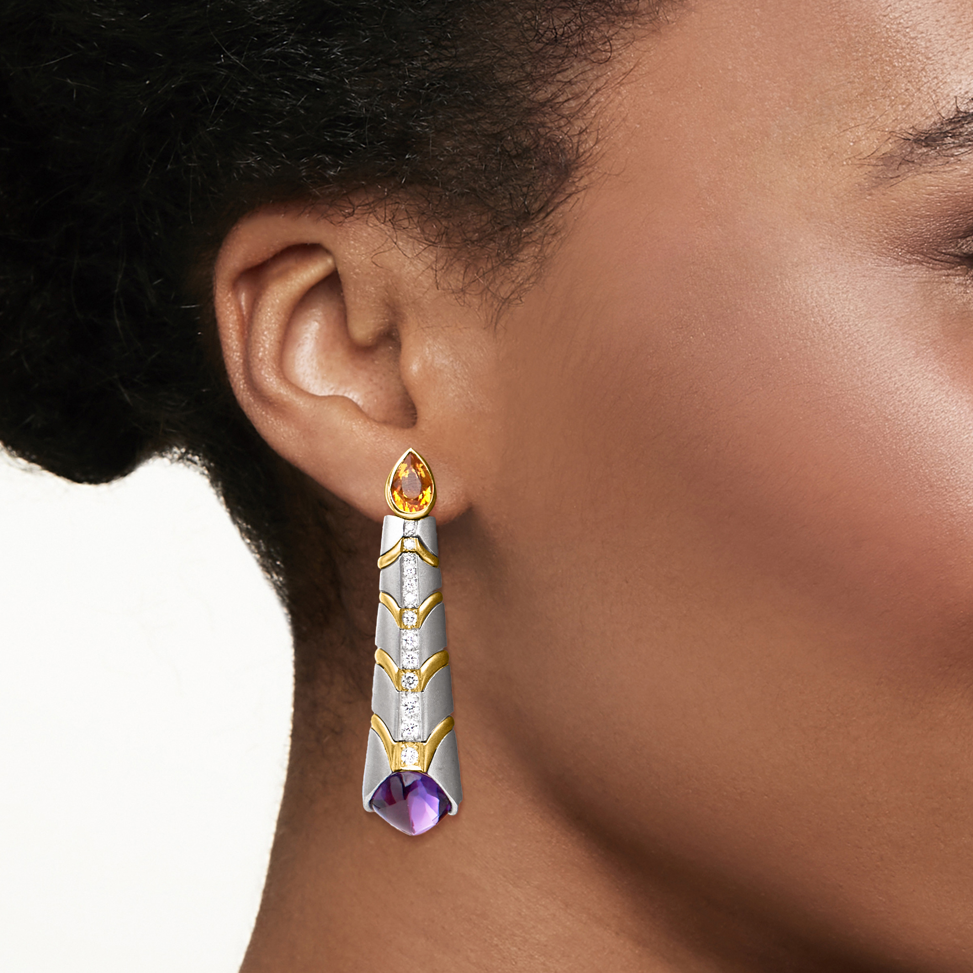 Ross-Simons C. 1980 Vintage 18.00 ct. t.w. Amethyst and 2.40 ct. t.w. Citrine Drop Earrings With .80 ct. t.w. Diamonds in Platinum and 18kt Yellow
