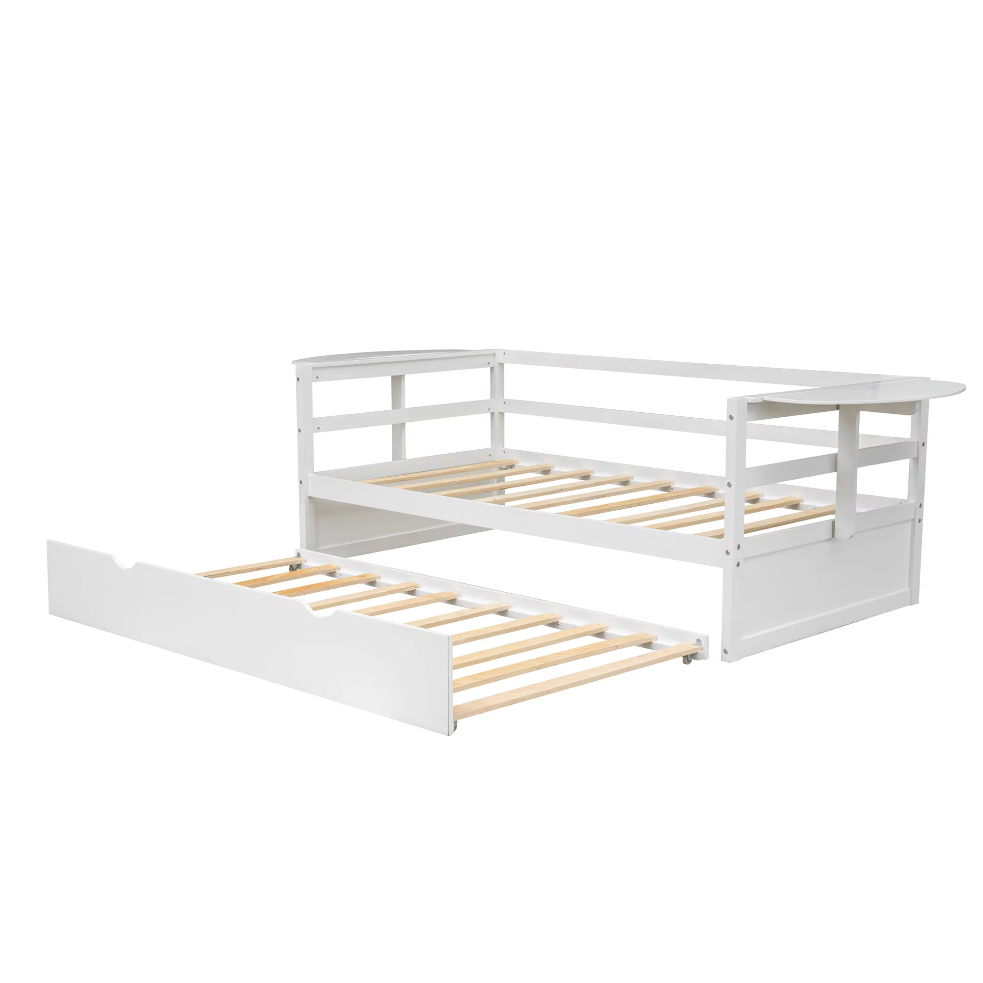 Euroco Pine Wood Twin Size Daybed with Trundle and Foldable Tables, White