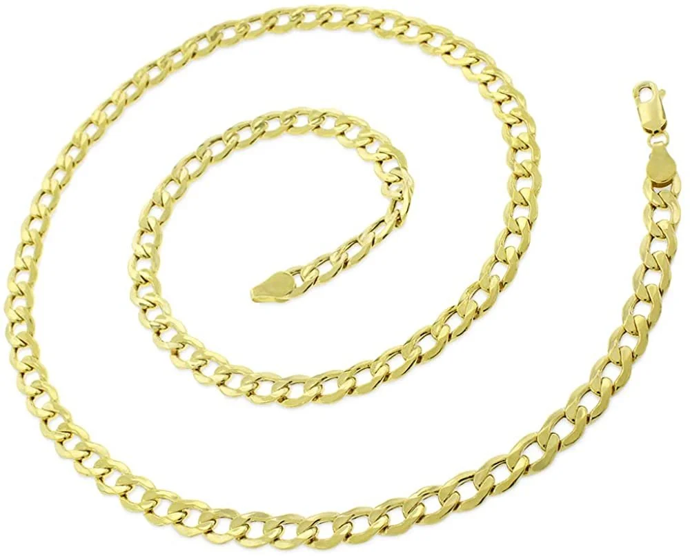 10K Yellow Gold 6mm Hollow Cuban Chain, FREE Microfiber Cloth, Curb Link Mens Womens Necklace, Giorgio Bergamo