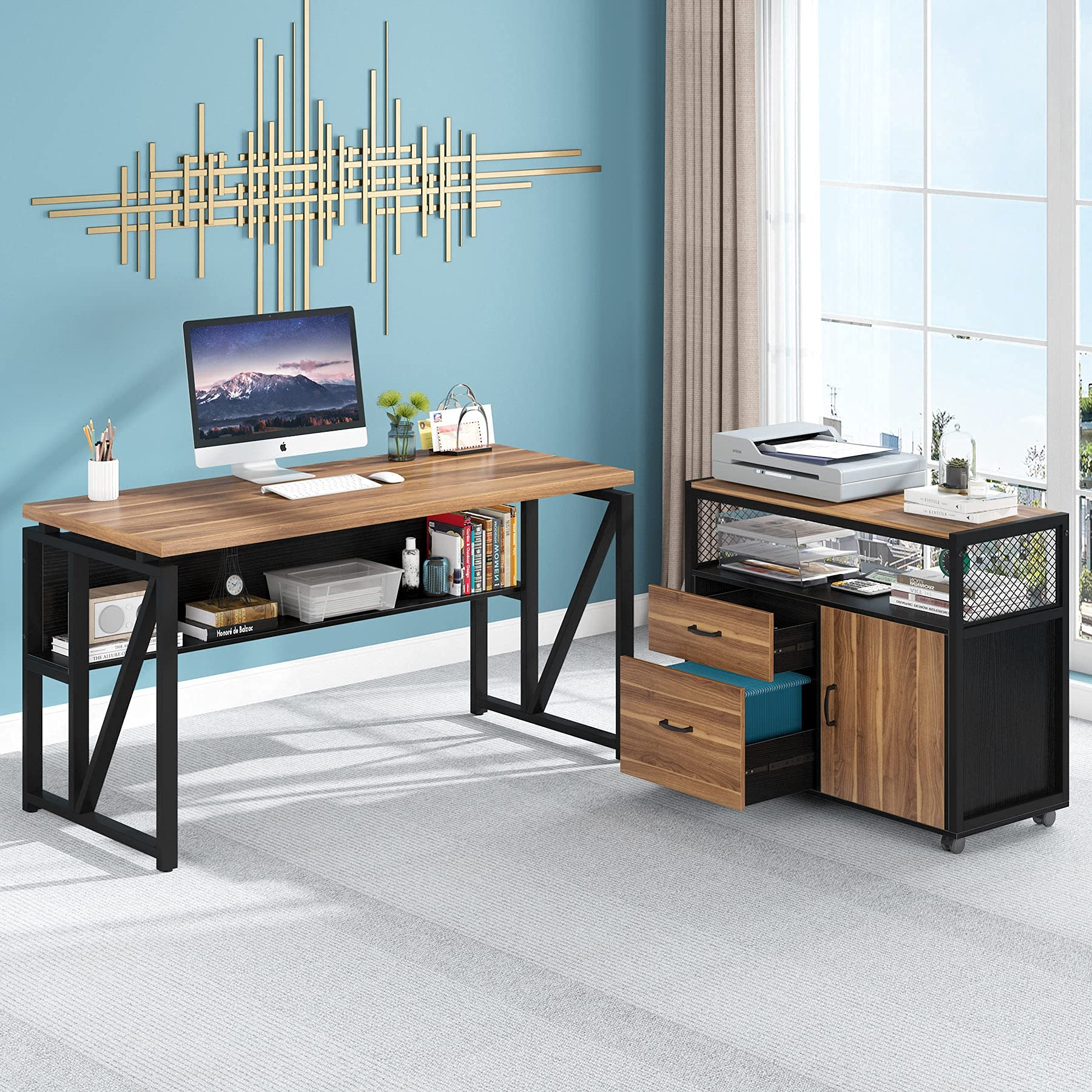 【Furniture】L Shaped Desk with Drawer Cabinet, 55" Executive Computer Desk and lateral File Cabinet