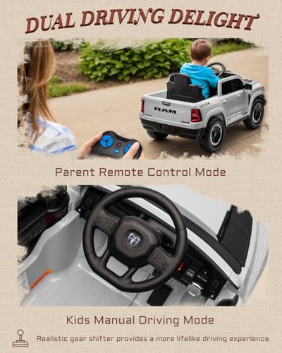 12V Licensed Ram 1500 Ride on Toy for Kids, Toddler Ride on Pickup Truck with Parent Remote Control, Electric Car for Kids with Truck Bed Storage
