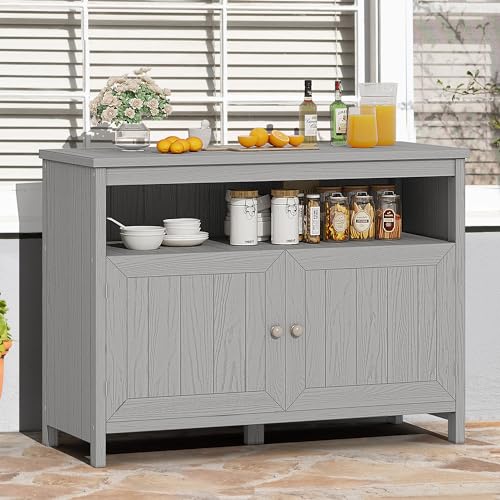 DWVO Poly Lumber Outdoor Sideboard, Patio Bar Table with Storage and Shelves, Weather Resistant Storage Cabinet for Outdoor, Pool and Garden