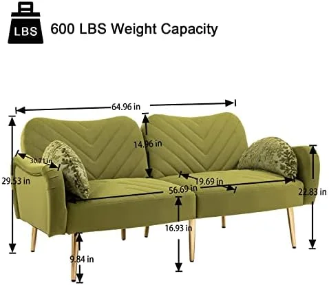 RUNFAYBIU Modern Velvet Futon Sofa Bed  Convertible Loveseat with 2 Crescent-shaped Pillows  Small Sleeper Sofa with 3 Adjustable Positions