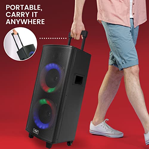 Pyle Portable Bluetooth PA Speaker System - 700W Dual 8” Rechargeable Speaker, TWS, Party Light, LED Display, FM/AUX/MP3/USB/SD, Wheels, Wireless Mic