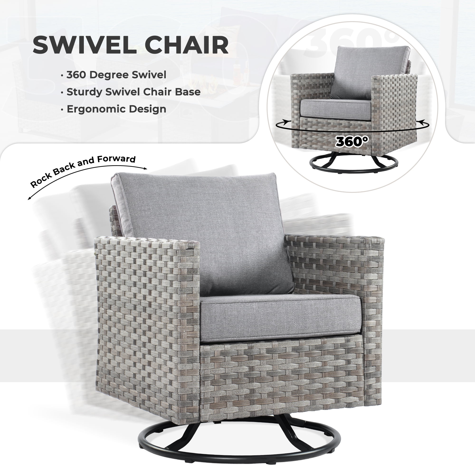 HOOOWOOO Wicker Sectional Patio Set 10 Pieces Outdoor Conversation furniture Set with Sofa Chairs Ottoman Gas Fire Pit Swivel Rocking Chairs,Grey