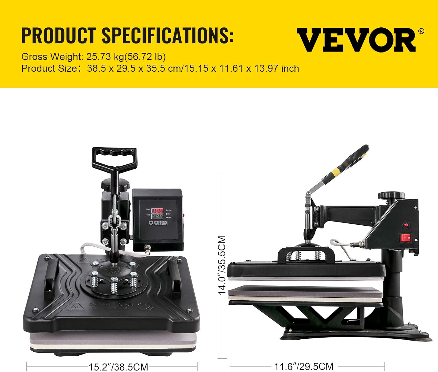 VEVOR Heat Press Machine, 15x15 Inch, 5 in 1 Combo Swing Away T-Shirt Sublimation Transfer Printer with Teflon Coated, Precise Heat Control