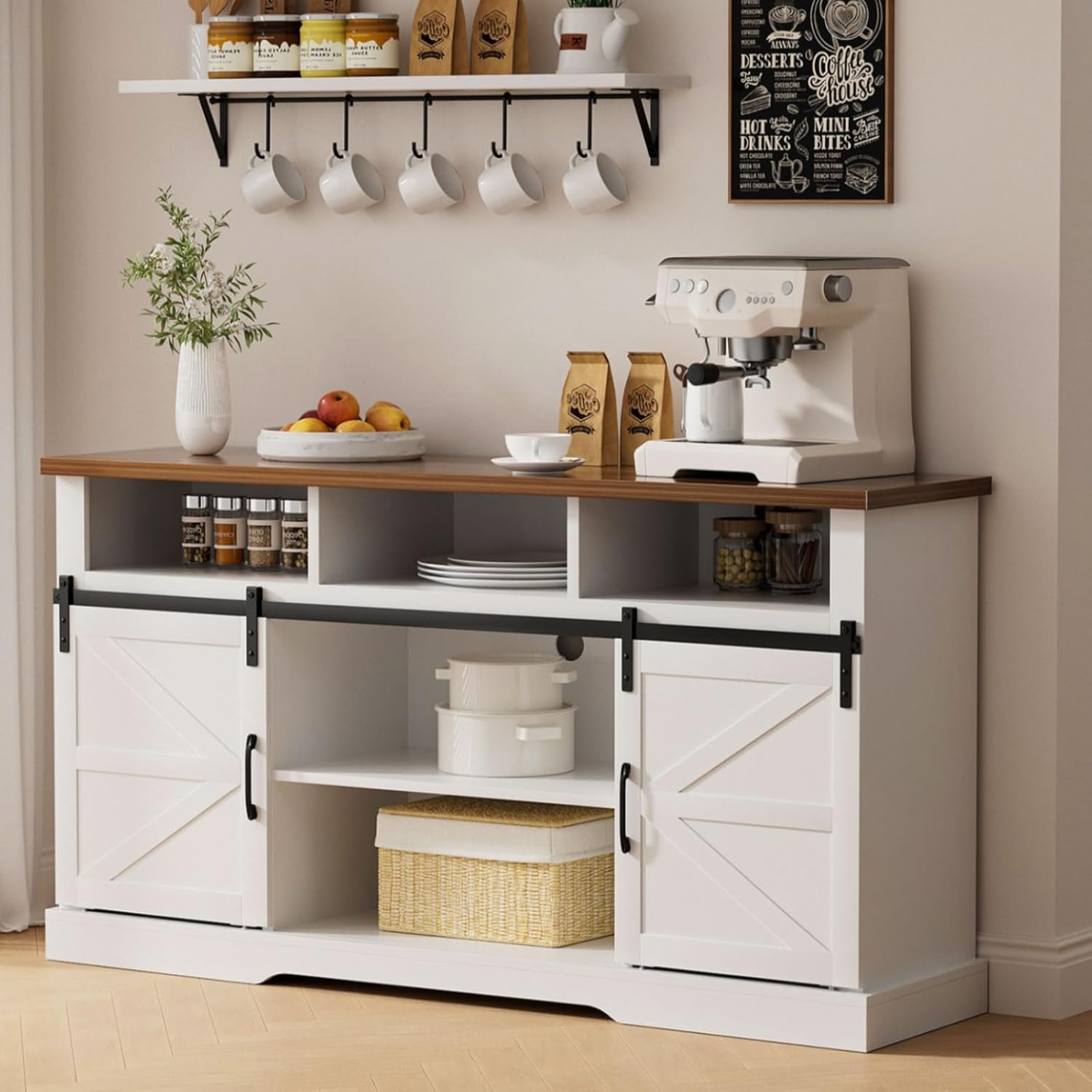 Farmhouse Coffee Bar, 58”Coffee Bar Cabinet with Sliding Barn Door and Adjustable Shelf, Kitchen Buffet Cabinet with Storage for Kitchen, Dining Room