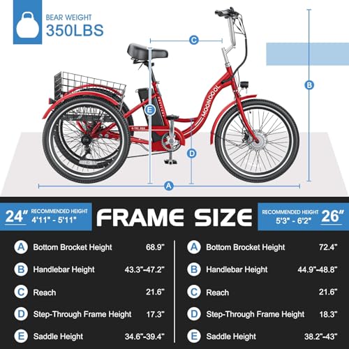 MOONCOOL Electric Tricycle for Adults, 350W 36V Electric Trike Motorized Three Wheel Electric Bicycle