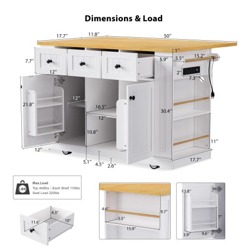 Bellemave Kitchen Island with Storage Cabinet on Wheels, 53.5'' Mobile Kitchen Cart with Power Outlet, Drop Leaf, Spice/Towel Rack and Drawer