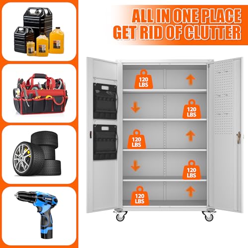 Garage Storage Cabinet with Wheels & Pegboard, 72" H Locking Metal Storage Cabinet with Doors and 4 Adjustable Shelves for Garage Workshop Home