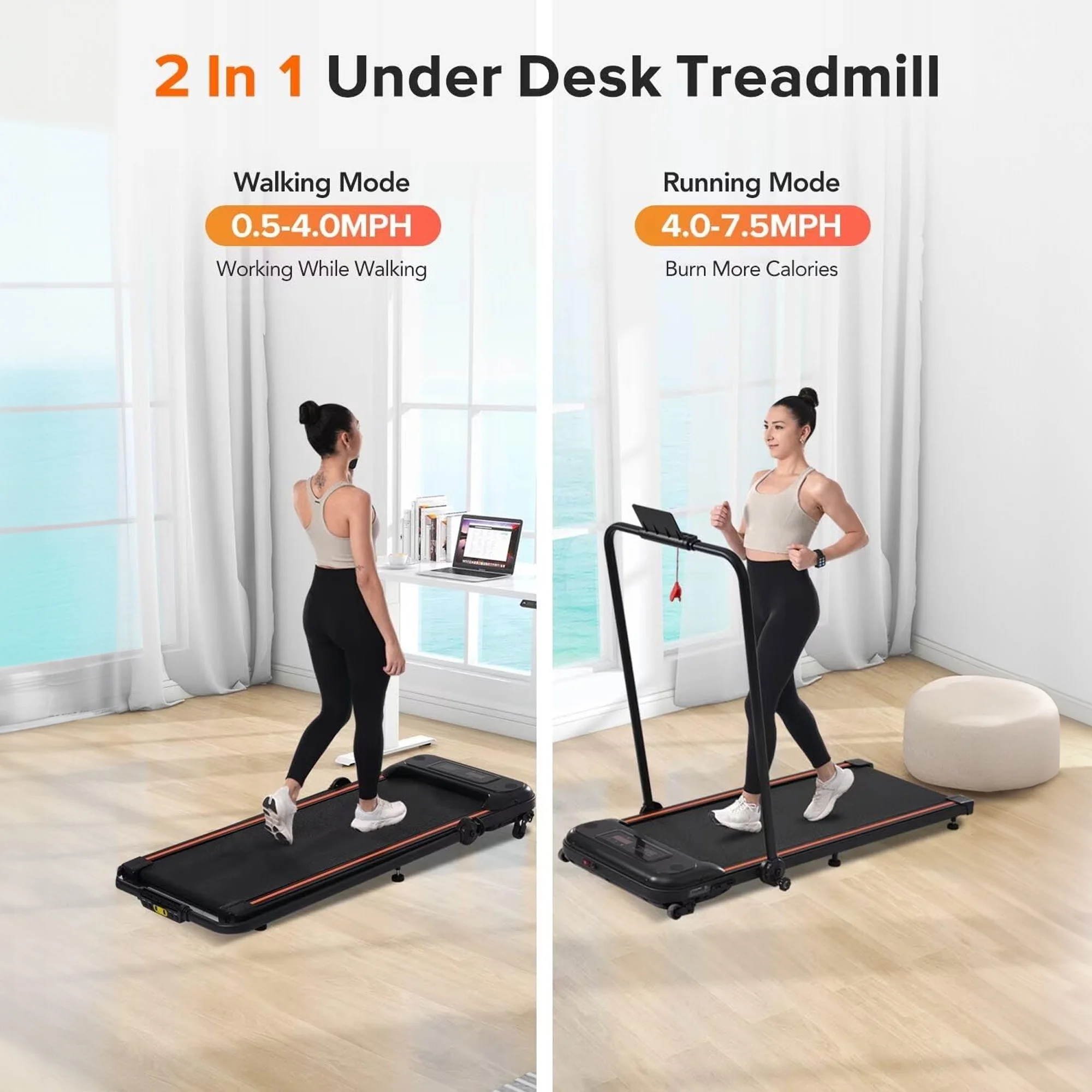 Aukfa 2 in 1 Folding Treadmill, Under Desk Treadmill with Incline Walking Pad, Wristband Control, 7.5mph Max Speed, 265 lb Capacity