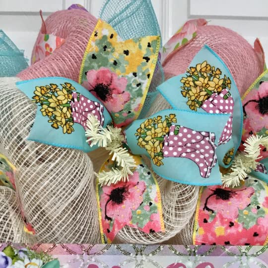 Hello Spring Floral Rain boots Pastel Wreath Handmade Deco Mesh Available in 24 inch and 28 inch diameters