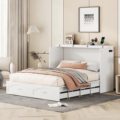 Queen Size Murphy Wall Bed with Storage, Bookcase Headboard, Solid Wood Cabinets, Shelves, Drawers and USB Ports