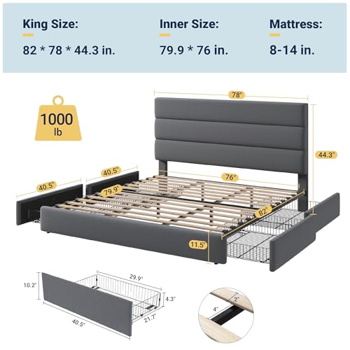 Allewie Modern Full Size Platform Bed Frame with 4 Storage Drawers and Velvet Upholstered Headboard, Wooden Slats Support