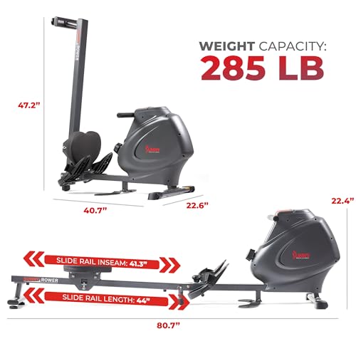 Sunny Health & Fitness Multi-Function Premium Magnetic Rowing Machine, Bicep Curls, Upward Rows, Seated Rows, Foldable Slide Rails, Digital Monitor