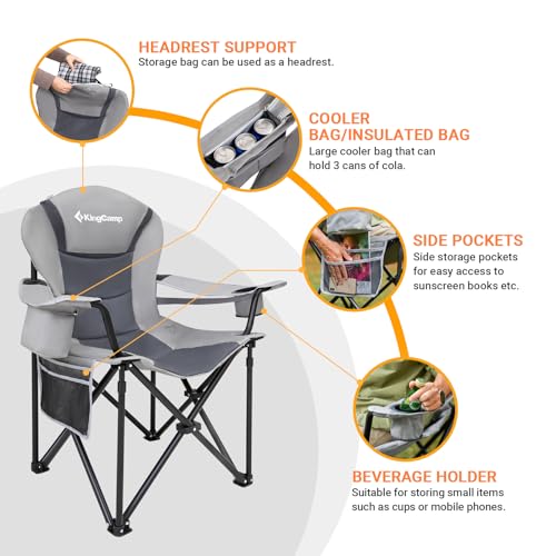 KingCamp Oversized Camping Folding Chair, Heavy Duty 450 LBS with Lumbar Support, Padded Outdoor Chair with Cup Holder