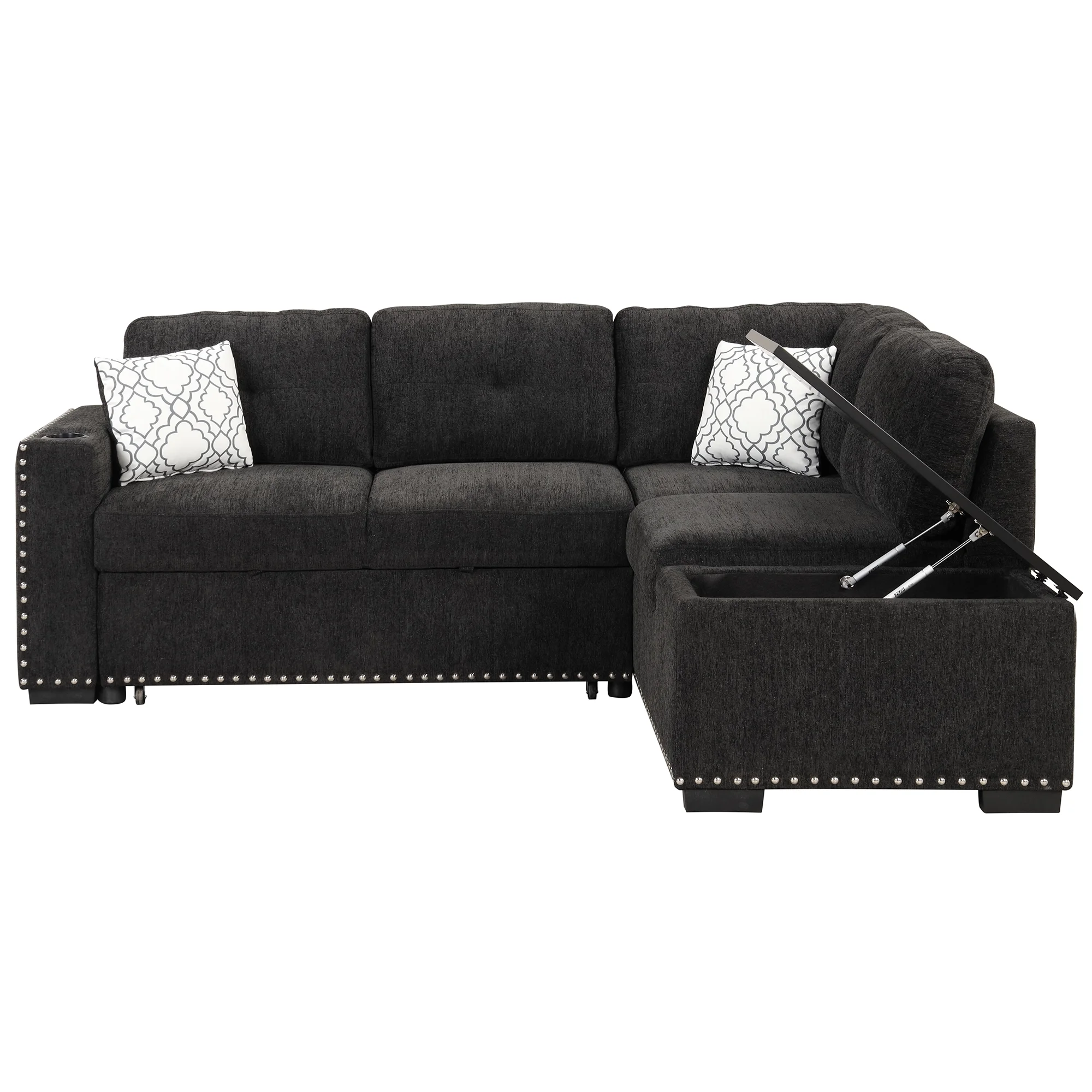 Reversible Sectional Pull-Out Sofa Bed L-Shaped Corner with Storage Chaise, Black