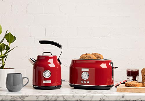 Haden Dorset 1.7 Liter Stainless Steel Countertop Electric Tea Kettle with 4 Slice Wide Slot Stainless Steel Bread Bagel Toaster, Red
