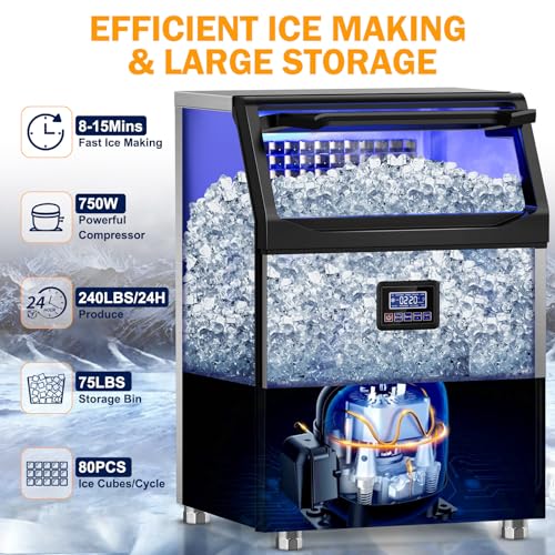 Clear ice Cube Maker, Commercial Ice Maker Machine, Stainless Steel Freestanding Ice Machine Automatic Operation