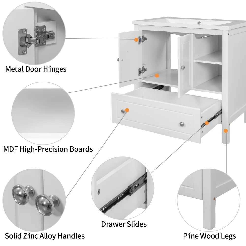 30" Bathroom Vanity with Sink, Bathroom Storage Cabinet with Doors and Drawers, Solid Wood Frame, Ceramic Sink, White