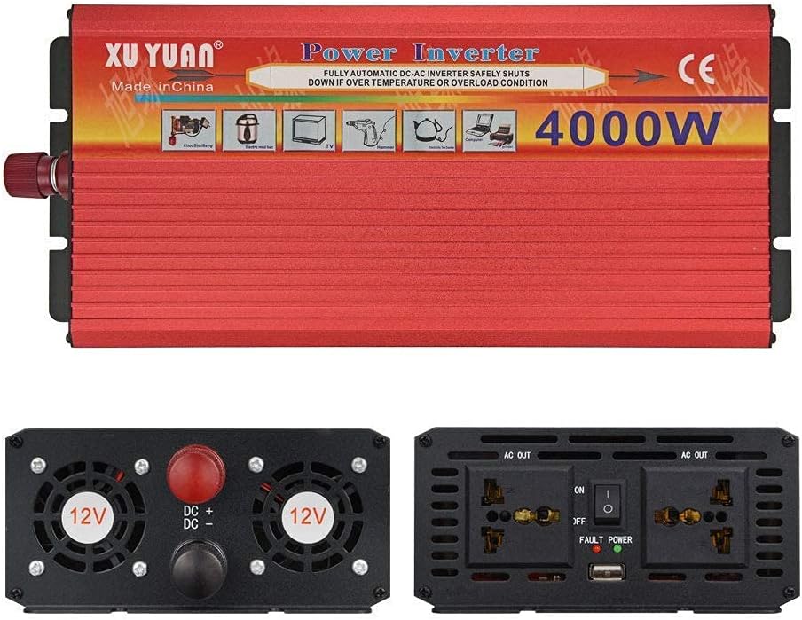 Power Inverter, 4000W Pure Sine Wave Inverter, DC 12V/24V to AC 110V/220V Inverter with 2 AC Sockets and 1 USB Port, 2 Cooling Fans,12vto220v