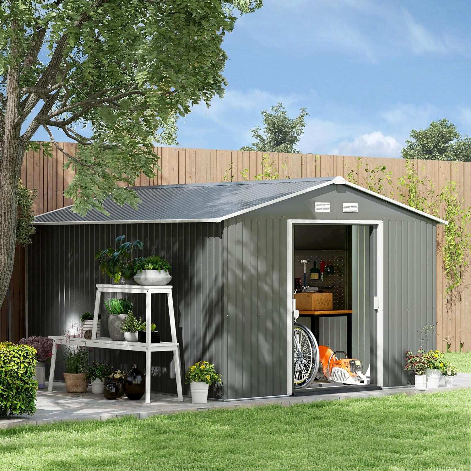 Outsunny 11' x 9' Outdoor Storage Shed, Garden Tool House with Foundation Kit, 4 Vents and 2 Easy Sliding Doors for Backyard, Patio, Garage, Lawn