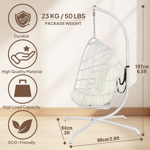 Chihee Egg Chair Foldable Wicker Rattan Hanging Chair Swing Chair Indoor Outdoor Patio Wicker Chair Hammock Chair with Stainless Steel Hanging Kit
