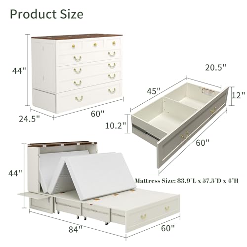 Murphy Bed Queen, Murphy Bed Cabinet with Charging Station, Large Storage Drawer and Shelves for Home Office or Guest Room, Warm White