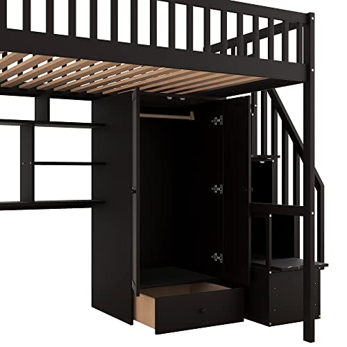 Twin Loft Bed with Staircase, Desk and Wardrobe, Wood Loft Bed with Storage Shelves and Safety Guardrail